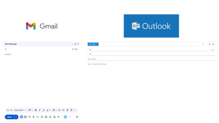 A screenshot displaying compose an email window for Gmail and Outlook.
